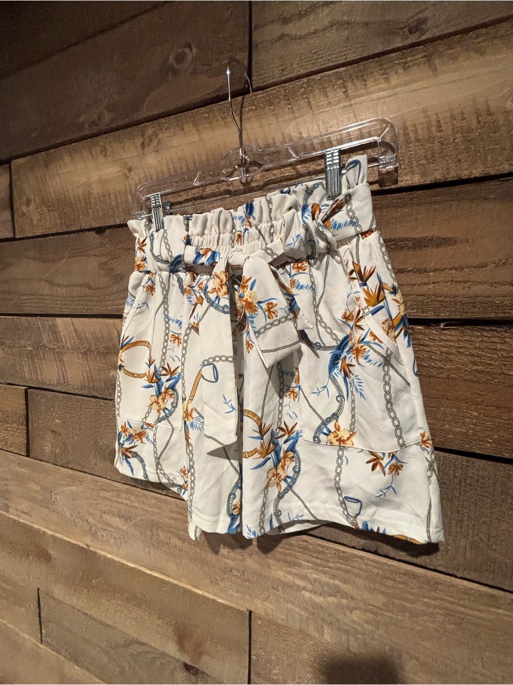 Grace Karin White High-Waist Paperbag Shorts with Blue & Tan Floral Chain Print